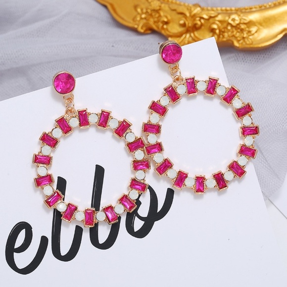 **JAZZ* Pink Round Rhinestone Fashion Earrings - Picture 5 of 6